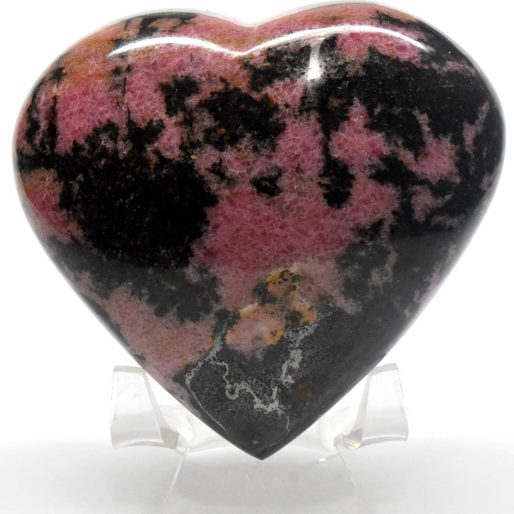 3.5" 495g Rich Pink Rhodonite in Black Psilomelane Heart Polished Natural Gemstone Crystal Mineral SW UV Reactive Specimen - Madagascar + Stand