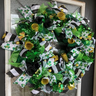 XL Fun Green Bling St. Patrick's Day Deco Mesh Front Door Wreath, Shamrocks Clover,Porch Patio Yard Art Decor, Wall Decoration, Indoor Outdoor