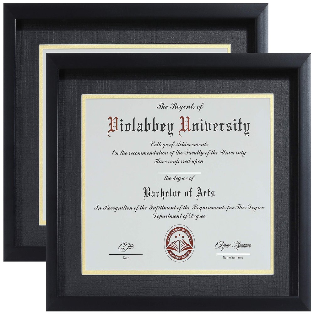 VIOLABBEY 8.5 x 11 Diploma Frame Black 2 pack with HD Real Glass |Fits 8.5x11 Inch Degree &Document with Black Gold Double Mat or 11x14 without Mat, Certificate Frame for Wall or Tabletop Display