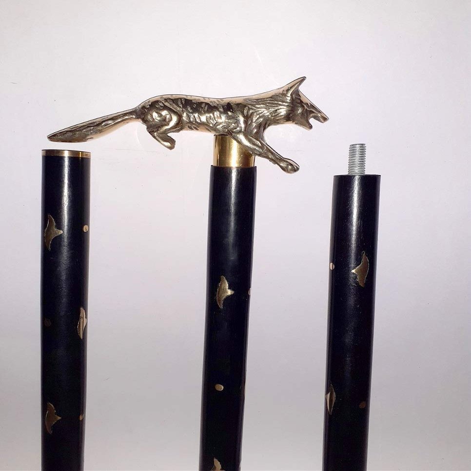 Ganga Nautical Golden & Black Brass Wolf Handle Wooden Walking Stick Cane in 3 Folds 36 to 37" inch