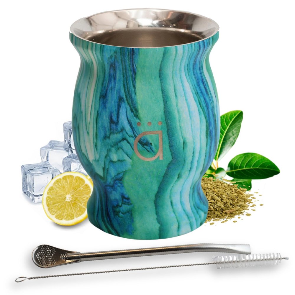 Kalmateh Yerba Mate Cup/Gourd 8.6oz, Stainless Steel Tea Cup, 3 Pcs Set Includes Bombilla Filter Straw & Cleaning Brush