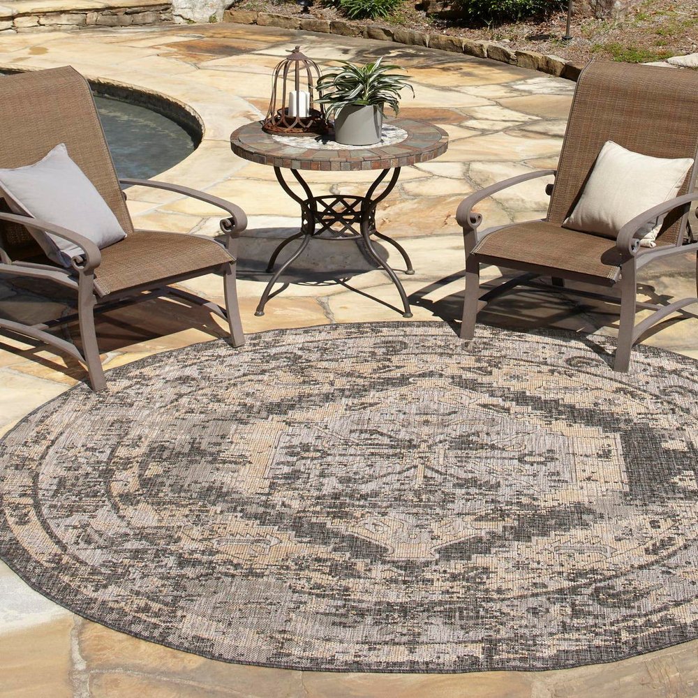 Unique Loom Outdoor Traditional Collection Area Rug - Valeria (4' 1" Round, Charcoal/ Natural)