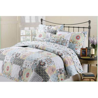 3 Piece King, Casual Shabby Chic Patchwork Pattern Quilt Set, Contemporary Gorgeous Geometrical Floral Style Design, Unique Abstract Look Themed, Printed Bedding, Adorable White, Multi Color Unisex