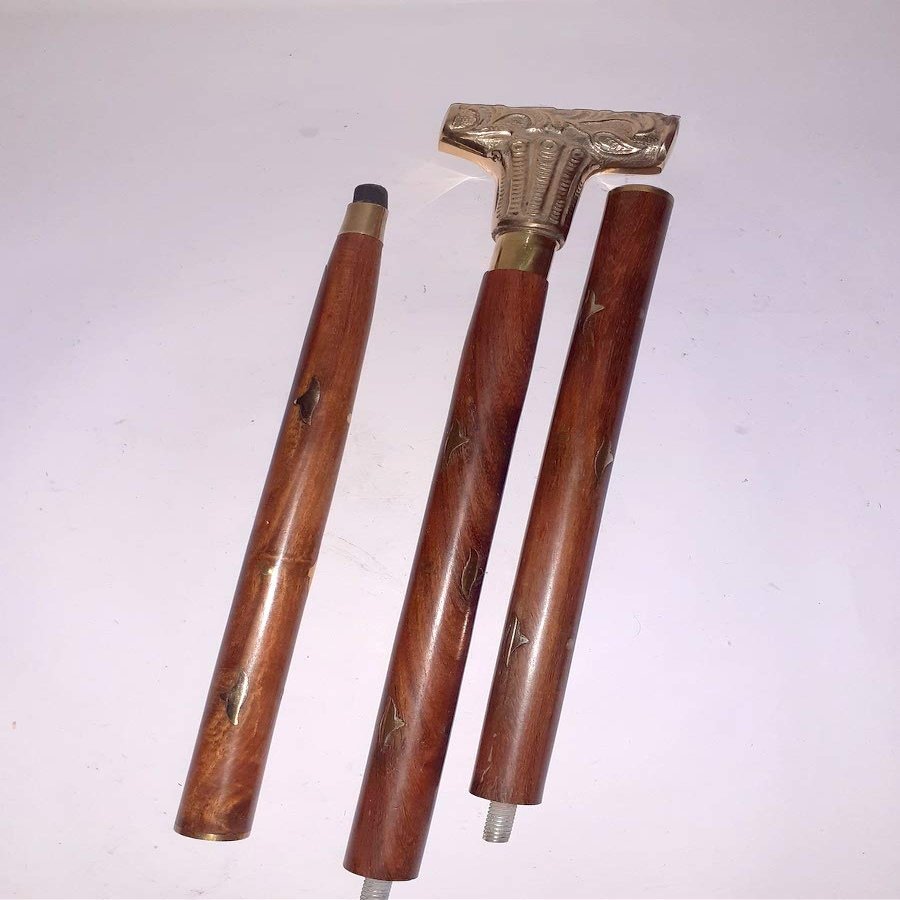Ganga Nautical Handmade Walking Stick with Brass Designer Handle Wooden Stick Length: 36 to 37" inch (3 Wooden Section)