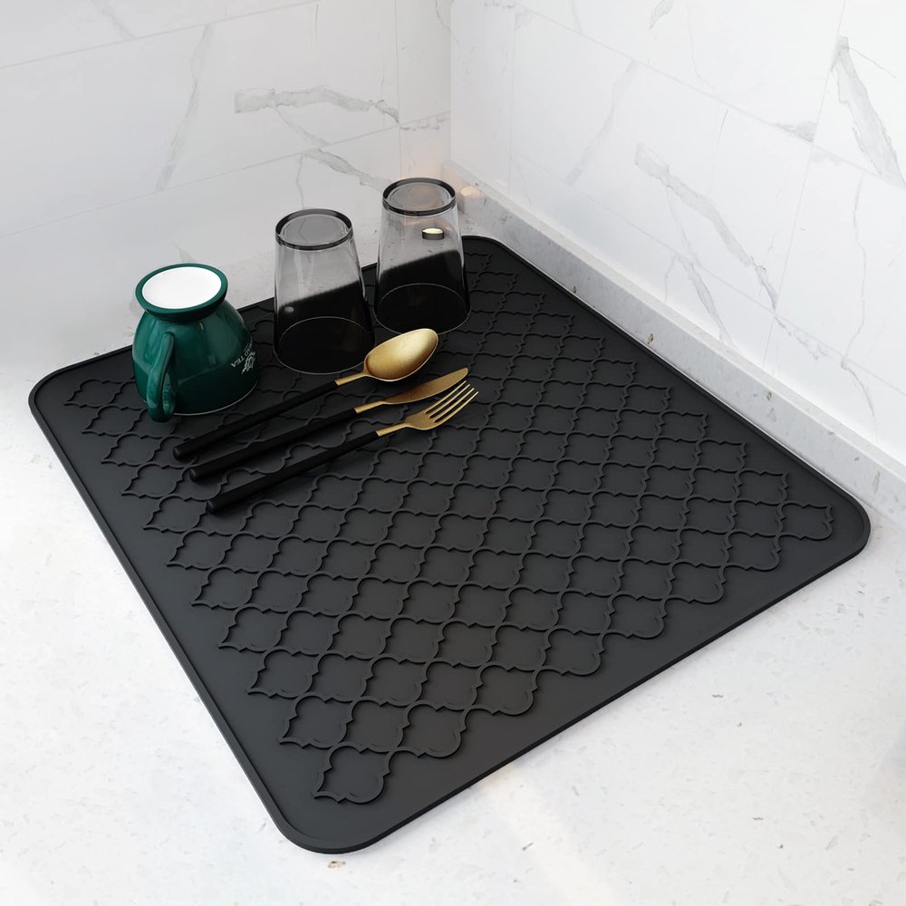 AMOAMI-Dish Drying Mats for Kitchen Counter-Silicone Dish Drying Mat-Kitchen Dish Drying Pad Heat Resistant Mat-Kitchen Gadgets Kitchen Accessories Kitchen Small Appliances(16" x 18", BLACK)