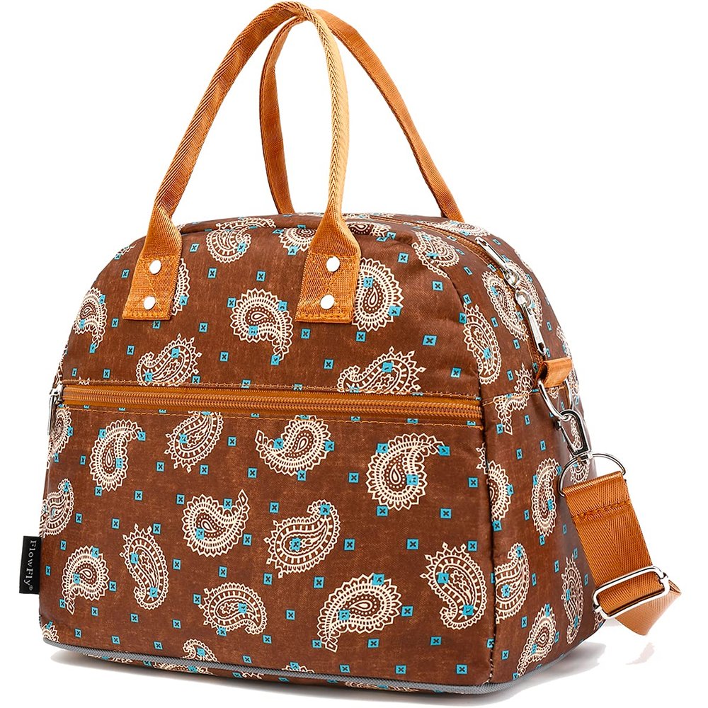 FlowFly Insulated Lunch Bag With Shoulder Strap for Women, Men, and Kids, Large and Reusable, Handle, Freezable Work and School Travel Tote and Meal Prep Organizer,Cashew