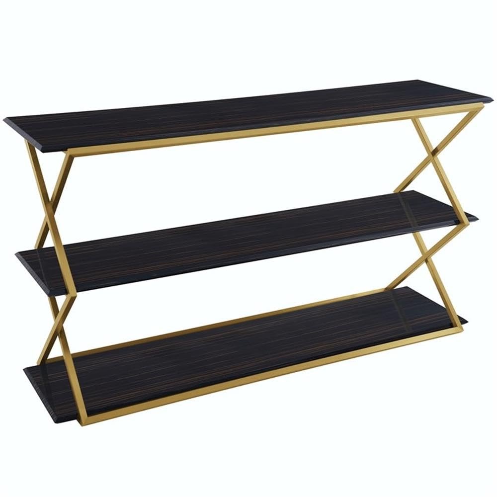 Armen Living Westlake 3-Tier Dark Brown Console Table with Brushed Gold Legs