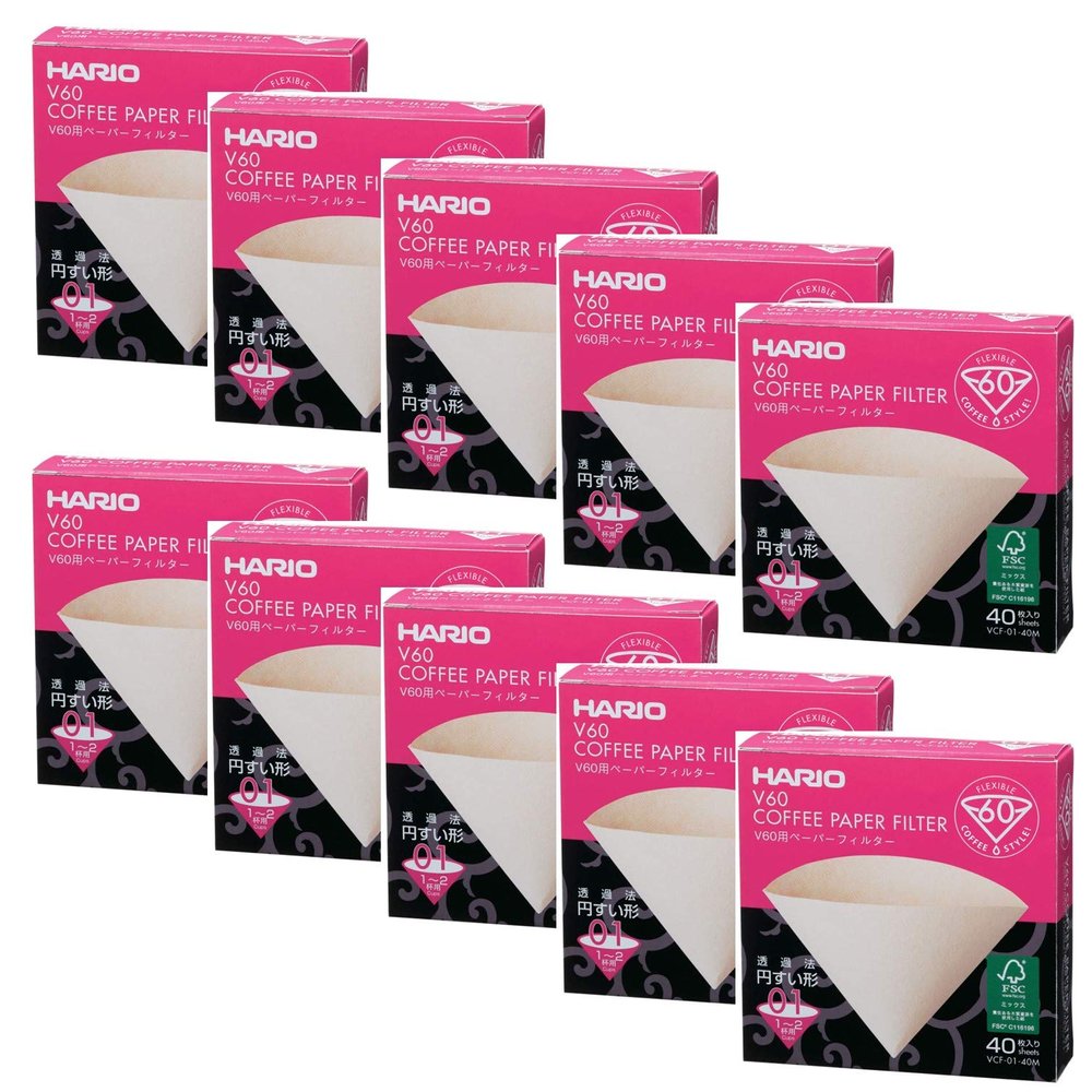 10 X Hario V60 Size 01 40-Count Boxed Coffee Natural Paper Filters, 10 Boxed Value Set (Total of 400 Sheets)