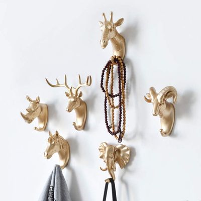 Animal Head Key Hooks Decorative for Wall Creative Resin Hook Hanger (Pack 6) Animal Shaped Coat Hat Hook Wall Hanging Wall Hook Decorative Gift (Gold)