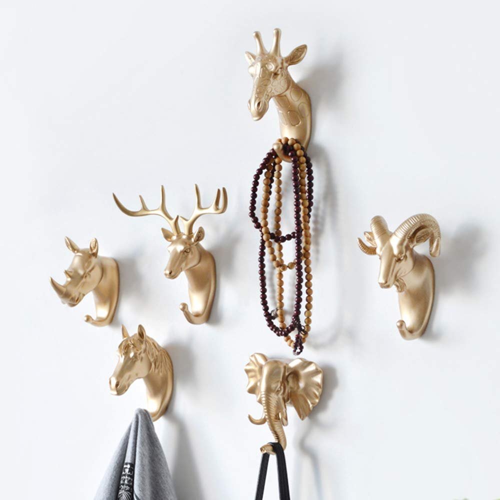 Animal Head Key Hooks Decorative for Wall Creative Resin Hook Hanger (Pack 6) Animal Shaped Coat Hat Hook Wall Hanging Wall Hook Decorative Gift (Gold)