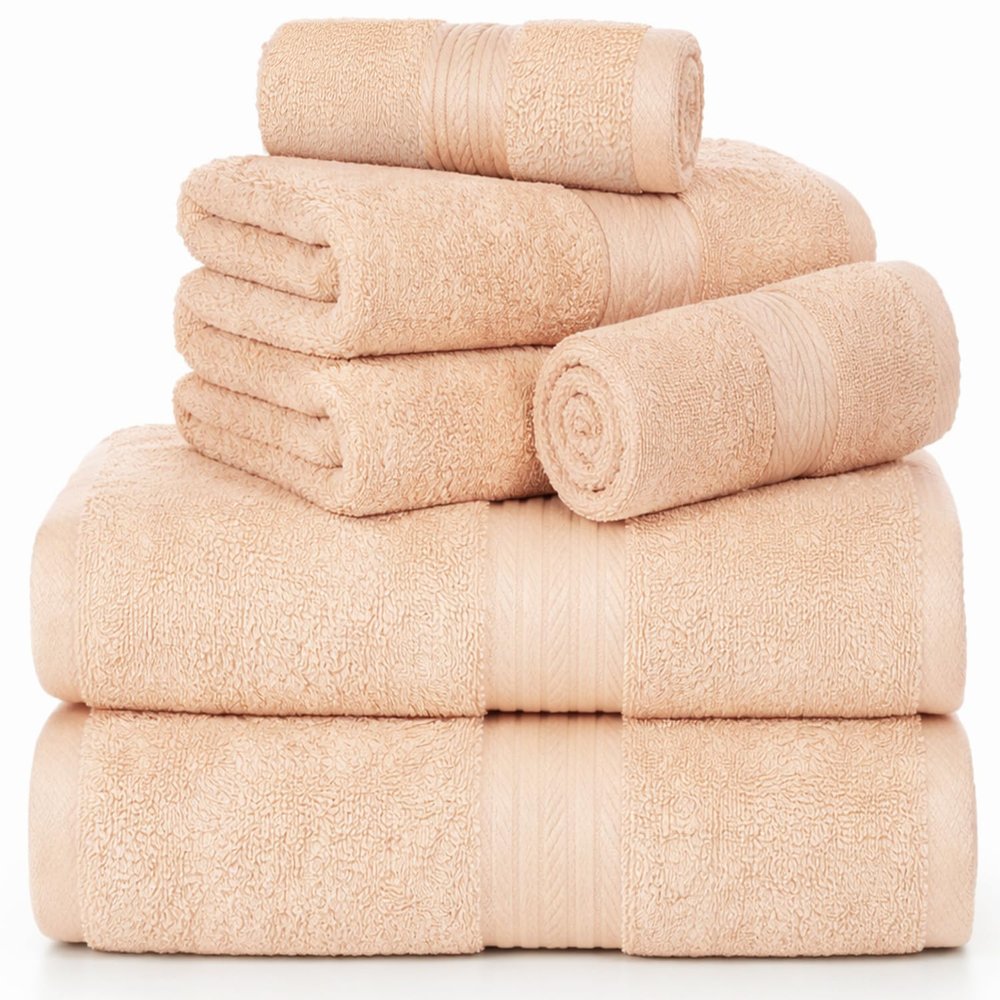Ample Decor 100% Cotton 6 Piece Bathroom Towels Set, 2 Bath Towels, 2 Hand Towels, 2 Washcloths, Quick Drying - Beige Towel Sets