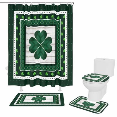 Classic Shamrock Clover Design St. Patrick's Day Non-Slip Shower Curtain Set with Rugs,Toilet Lid Cover Bath Mat and Shower Curtain with 12 Hooks,4Pcs Durable Washable Bathroom Shower Curtain Set