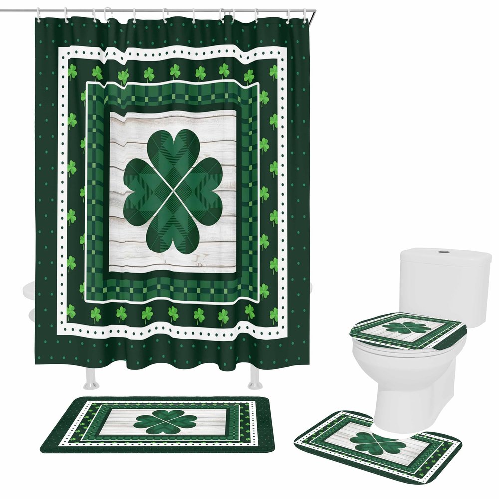Classic Shamrock Clover Design St. Patrick's Day Non-Slip Shower Curtain Set with Rugs,Toilet Lid Cover Bath Mat and Shower Curtain with 12 Hooks,4Pcs Durable Washable Bathroom Shower Curtain Set