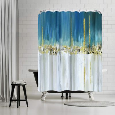 Americanflat 71x74 Modern Batik Shower Curtain - Water-Resistant Long Shower Curtain with Durable Metal Grommets and 12 Hooks - 100% Polyester - Teal Blue, Ivory, Gold and Greige