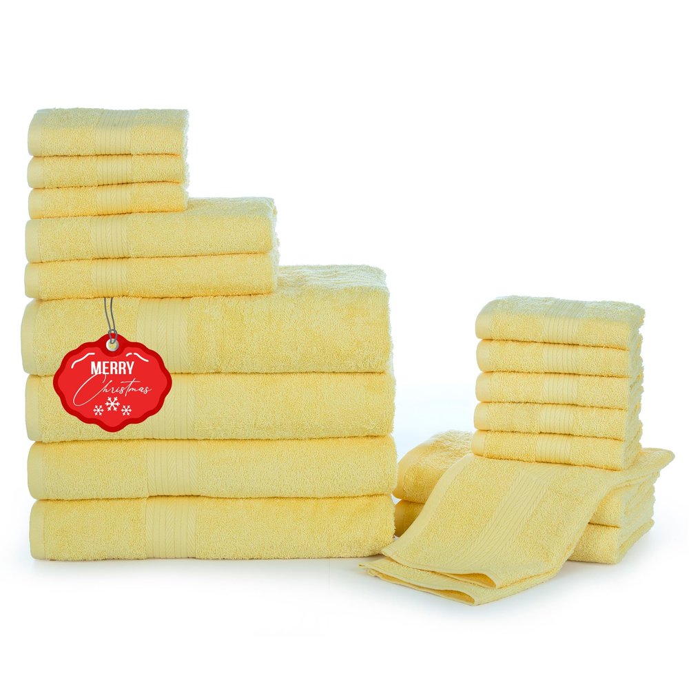 Ample Decor Bathroom Towel Set of 18-4 Hand Towel, 4 Bath Towel, 10 Wash Cloths - Oeko Tex Certified 600 GSM 100% Cotton - High Absorbency Quick Drying, Ideal for Gifting - Yellow