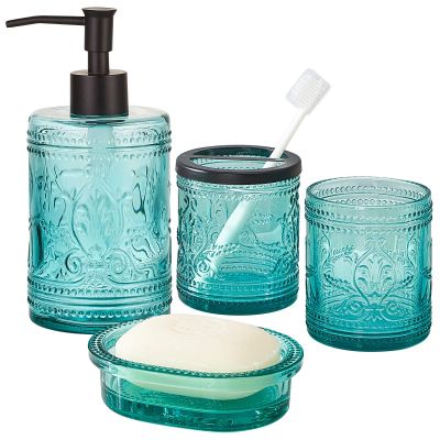 4PCs Teal Blue Glass Bathroom Accessories Set with Decorative Pressed Pattern - Includes Hand Soap Dispenser & Tumbler & Soap Dish & Toothbrush Holder (Bathroom Accessories Blue)