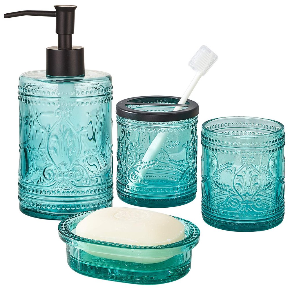 4PCs Teal Blue Glass Bathroom Accessories Set with Decorative Pressed Pattern - Includes Hand Soap Dispenser & Tumbler & Soap Dish & Toothbrush Holder (Bathroom Accessories Blue)