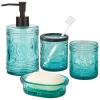 4PCs Teal Blue Glass Bathroom Accessories Set with Decorative Pressed Pattern - Includes Hand Soap Dispenser & Tumbler & Soap Dish & Toothbrush Holder (Bathroom Accessories Blue) view 1