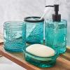 4PCs Teal Blue Glass Bathroom Accessories Set with Decorative Pressed Pattern - Includes Hand Soap Dispenser & Tumbler & Soap Dish & Toothbrush Holder (Bathroom Accessories Blue) view 3