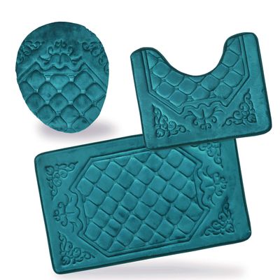 All American Collection 3PC Memory Foam Bath Mats Soft Plush Crown Design Anti-Slip Shower Bathroom Contour Toilet Lid Cover Rugs (Teal)