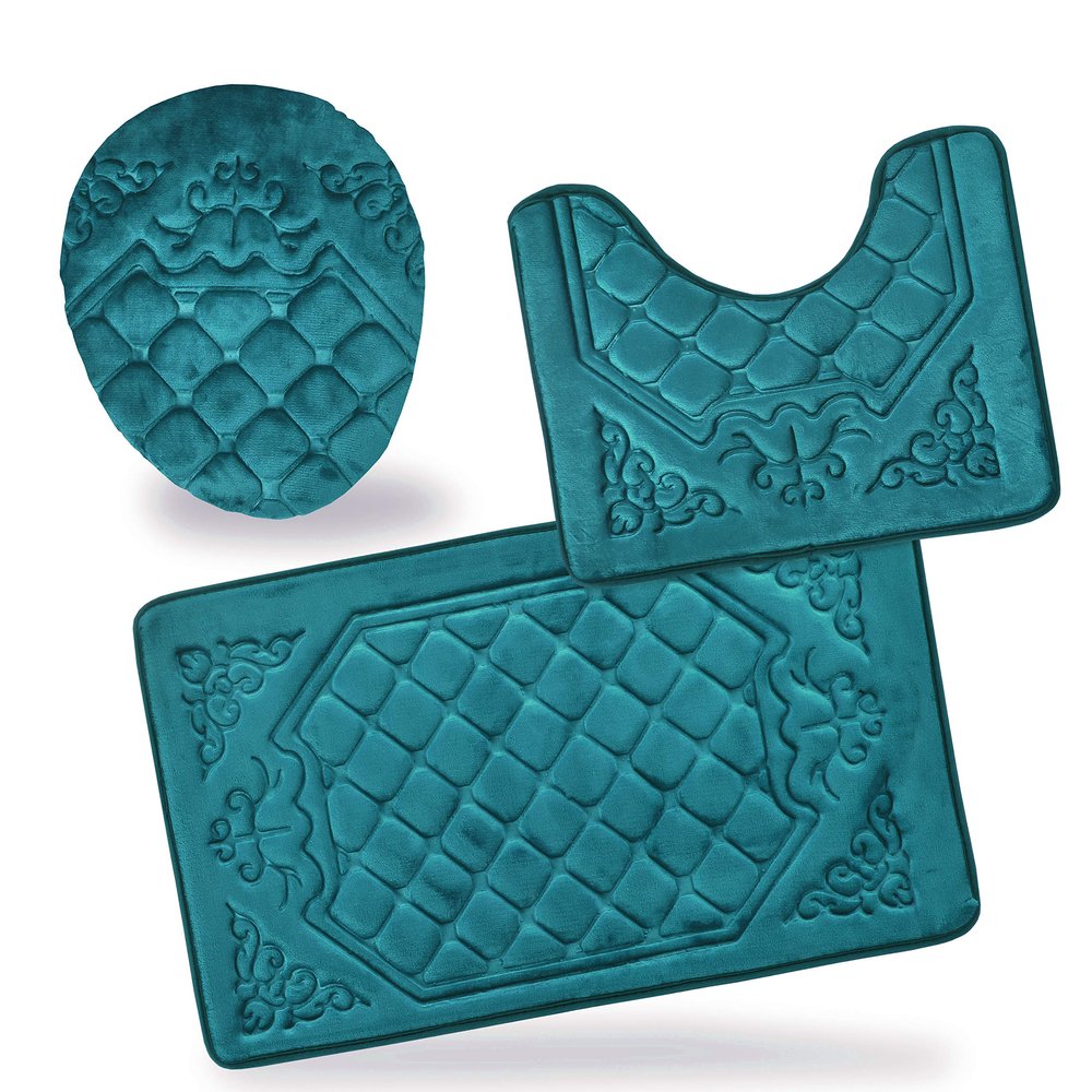 All American Collection 3PC Memory Foam Bath Mats Soft Plush Crown Design Anti-Slip Shower Bathroom Contour Toilet Lid Cover Rugs (Teal)
