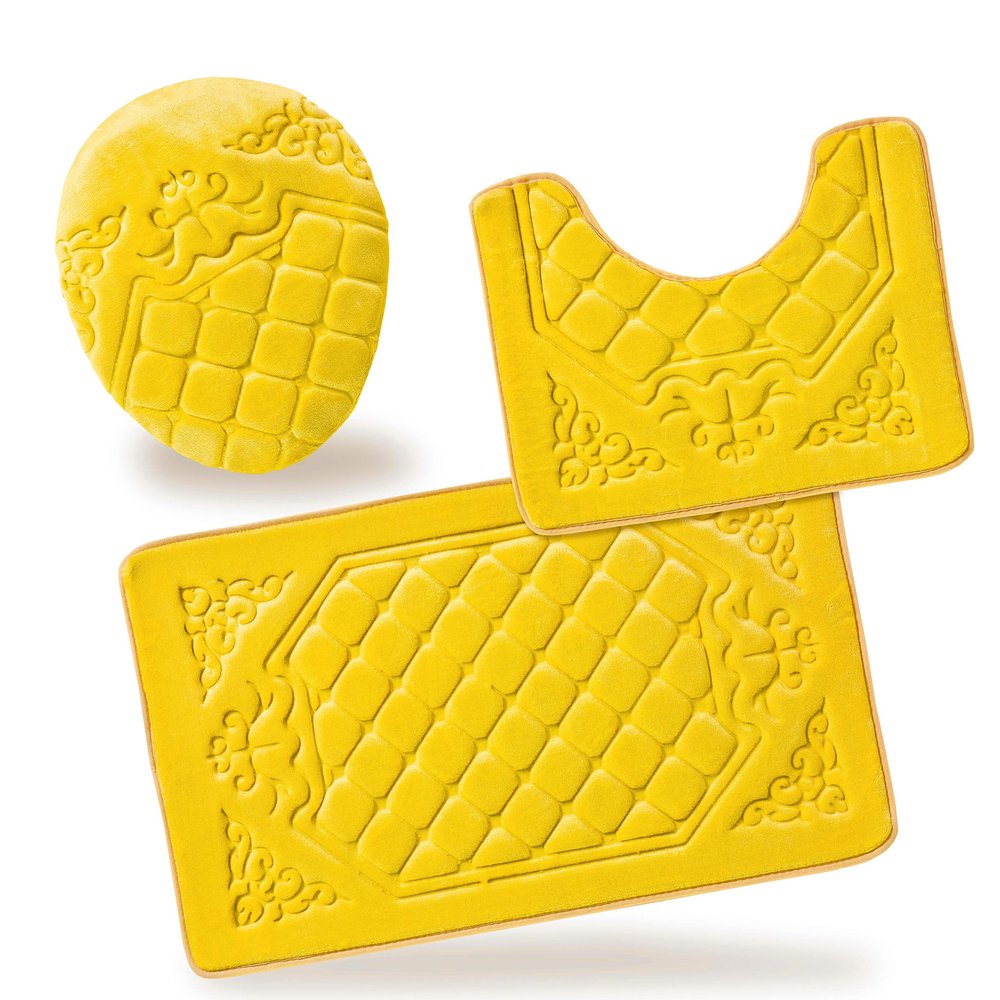 All American Collection 3PC Memory Foam Bath Mats Soft Plush Crown Design Anti-Slip Shower Bathroom Contour Toilet Lid Cover Rugs (Yellow)