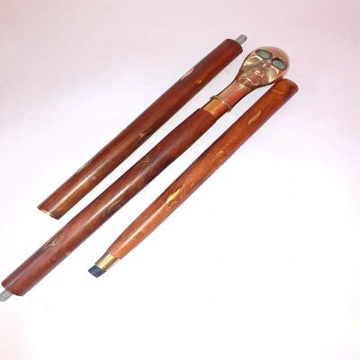 Ganga Nautical Golden & Brown Skull Solid Brass Handle Simple Wooden Walking Stick Cane with Brass Handle