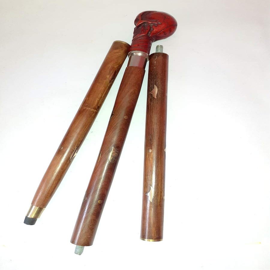 Ganga Nautical Red & Brown New Condition Black Walking Handmade Walking Cane Stick with Antique Plastic and Wooden Skull Head Handle