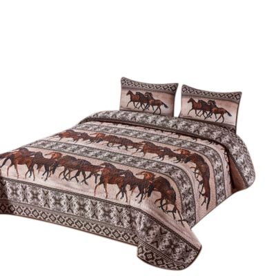 Wowser Horse Themed 3 Piece Queen Size Quilt Bedding Set, Includes 1 Blanket and 2 Pillow Shams, Southwestern Dcor