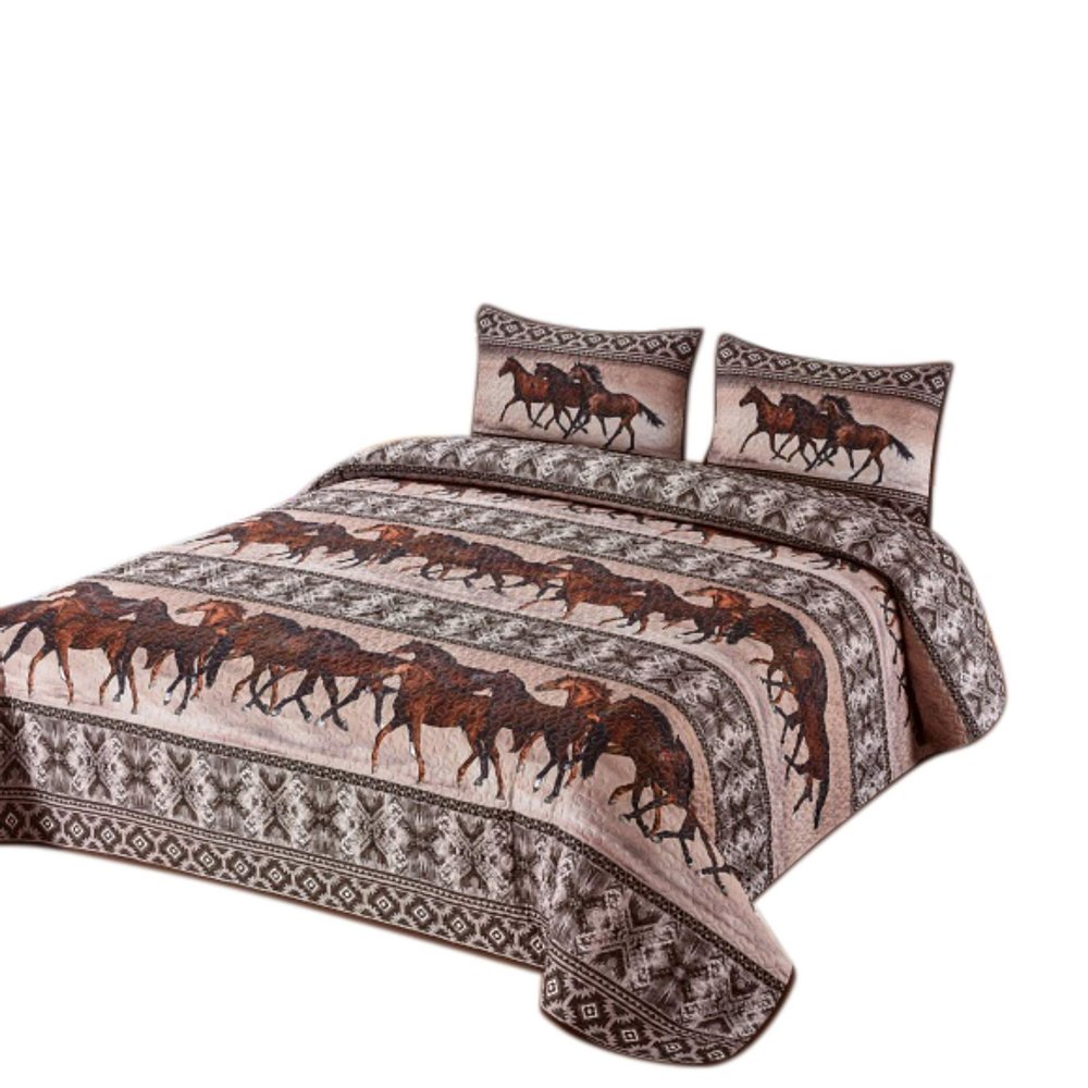 Wowser Horse Themed 3 Piece Queen Size Quilt Bedding Set, Includes 1 Blanket and 2 Pillow Shams, Southwestern Dcor