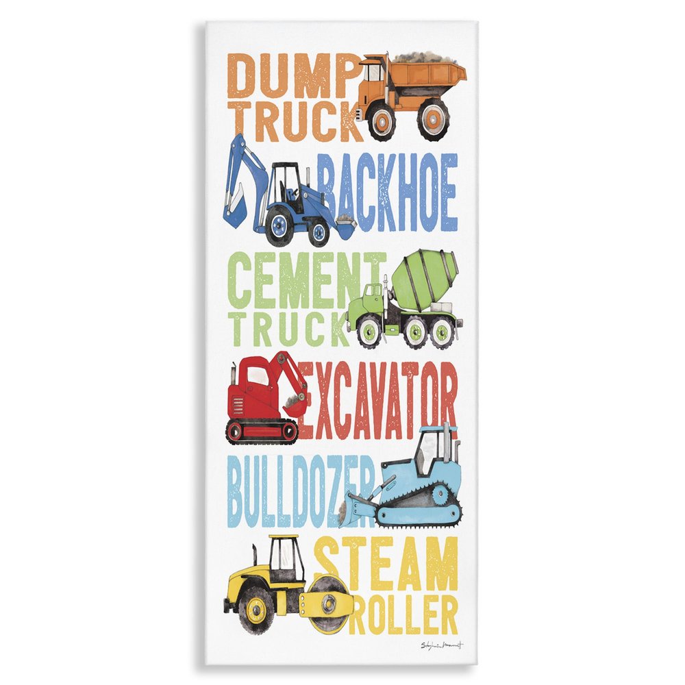 Stupell Industries Kid's Traditional Construction Vehicles Playful Bold Text, Designed by Stephanie Workman Marrott Canvas Wall Art, 20 x 48, Off-White