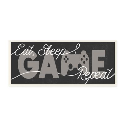 Stupell Industries Eat Sleep Game Repeat Phrase Minimal Grey Controller, Designed by Daphne Polselli Wall Plaque, 7 x 17