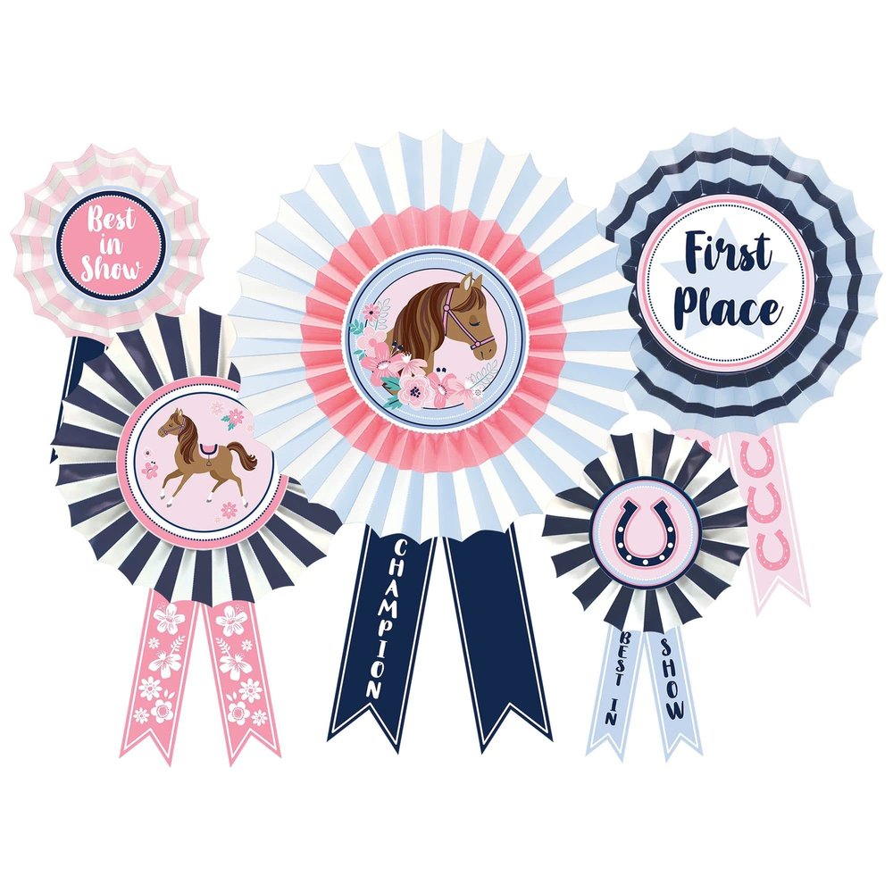 Saddle Up Award Ribbons Hanging Fan Decor - 5 Pack Convertible Sizes (1 Large 16", 2 Medium 12", 2 Small 8") - Party Accents for Horse Lovers