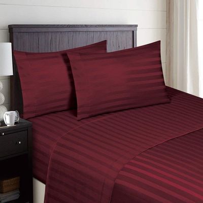 H&H Decor Hotel Premium 4 Pcs Sheet Set 100% Egyptian Cotton Stripe Pattern 600 TC 11-15 Inch Deep Pocket Size (Queen Color Burgundy)