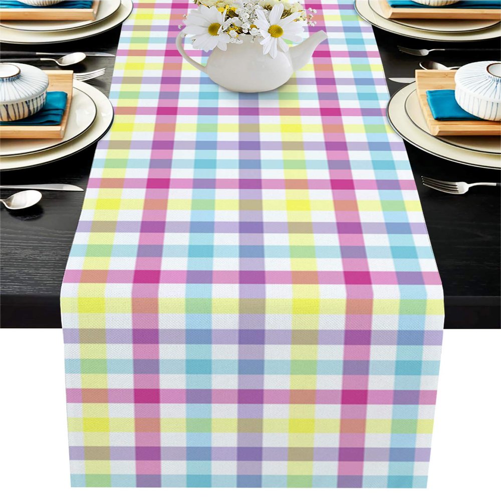 Easter Spring Buffalo Check Table Runner, Farmhouse Colorful Yellow Blue Pink Purple Plaid Non-Slip Cotton Linen Dining Table Runner for Coffee Table, Family Dinners, Party, Gathering, 14x72 Inch
