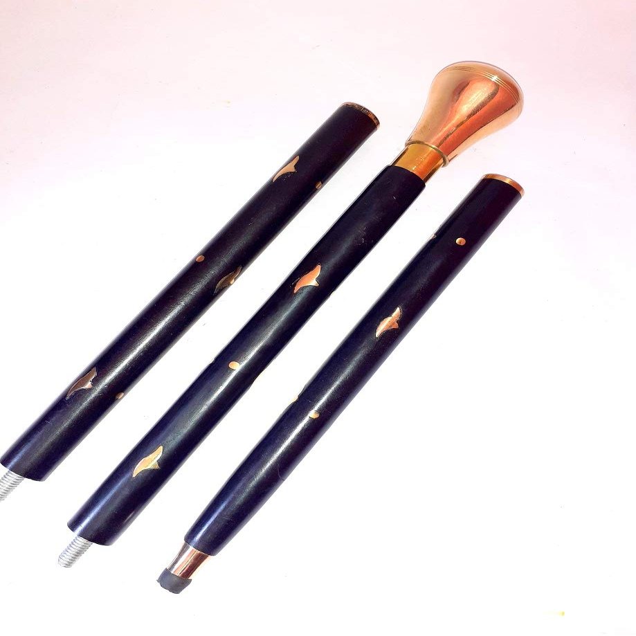 Ganga Nautical Golden & Black Solid Brass Round Handle Simple Wooden Walking Stick Cane with Brass Handle