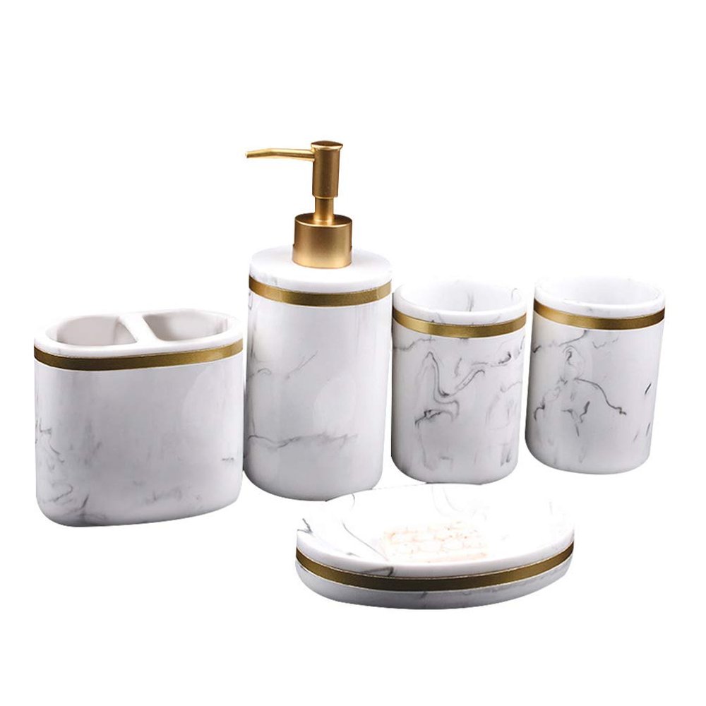 Cabilock 5pcs Marble Look Bathroom Accessory Set Stylish Hand Bottle Soap Dish Mouthwash Cups for Organized and Elegant Bath Spaces