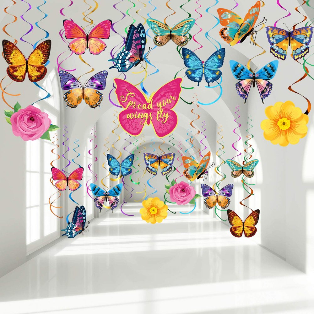 30 Pcs Butterfly Party Decorations Butterfly Hanging Swirl Decorations Summer Foil Ceiling Streamers for Women Wedding Birthday Mother's Day Party Supplies