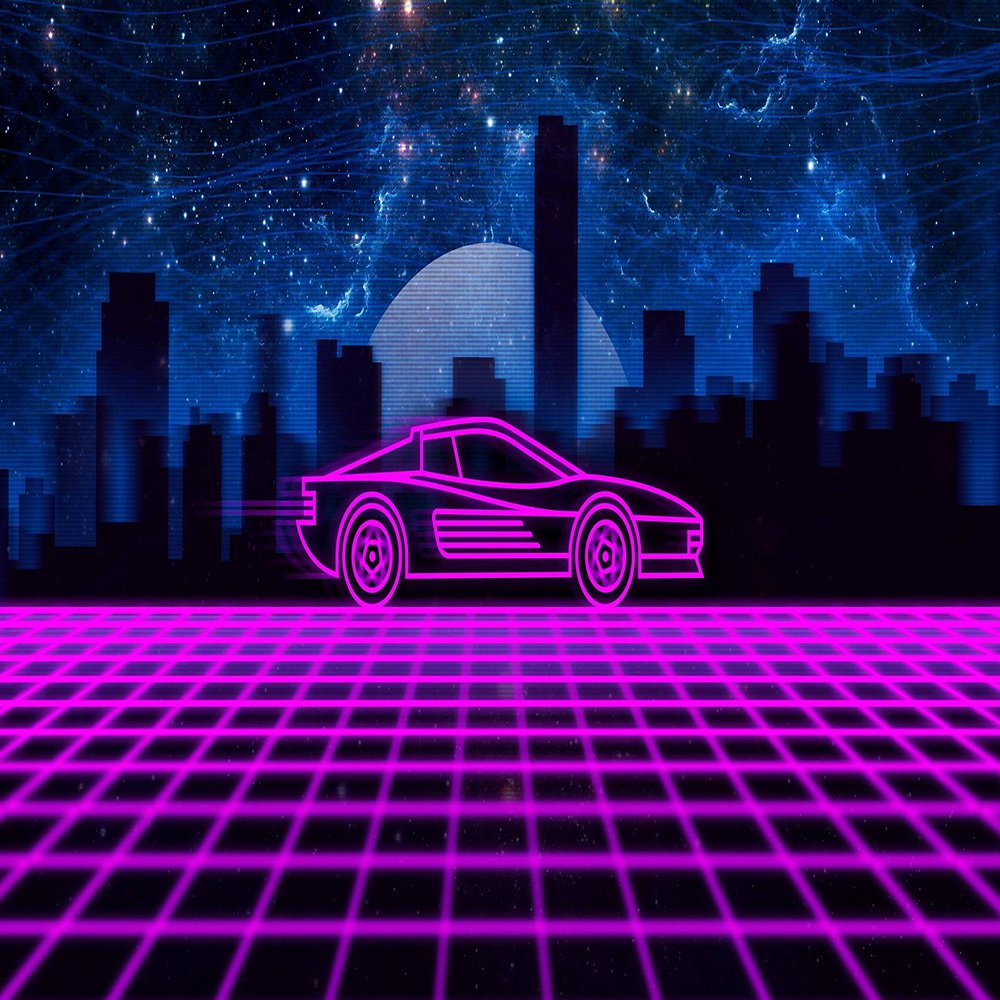 Iconic Arts Laminated 42x24 Poster: Ferrari testarossa with retrowave in Background of high Rising Buildings Shadow and Sky with Stars 4k hd Vaporwave HD