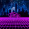 Iconic Arts Laminated 42x24 Poster: Ferrari testarossa with retrowave in Background of high Rising Buildings Shadow and Sky with Stars 4k hd Vaporwave HD view 1