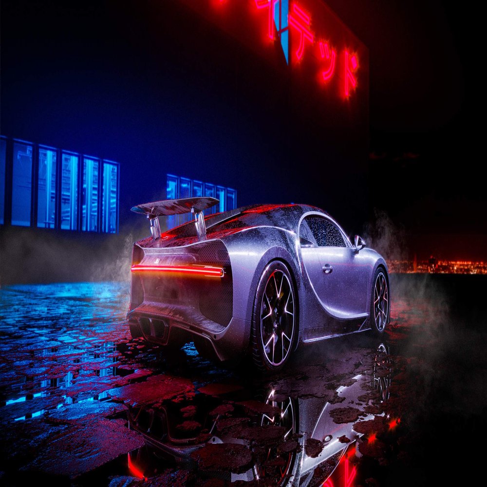 Iconic Arts Laminated 42x24 Poster: Bugatti chiron neon Lights HD