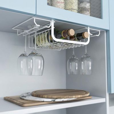 ACXZ Hanging Wine Rack and Wine Glass Holder Under Cabinet, No Drilling, White Iron Stemware Holder, Storage Basket and 2-Side Hanging Rails (37.526.512cm/54.526.516cm)