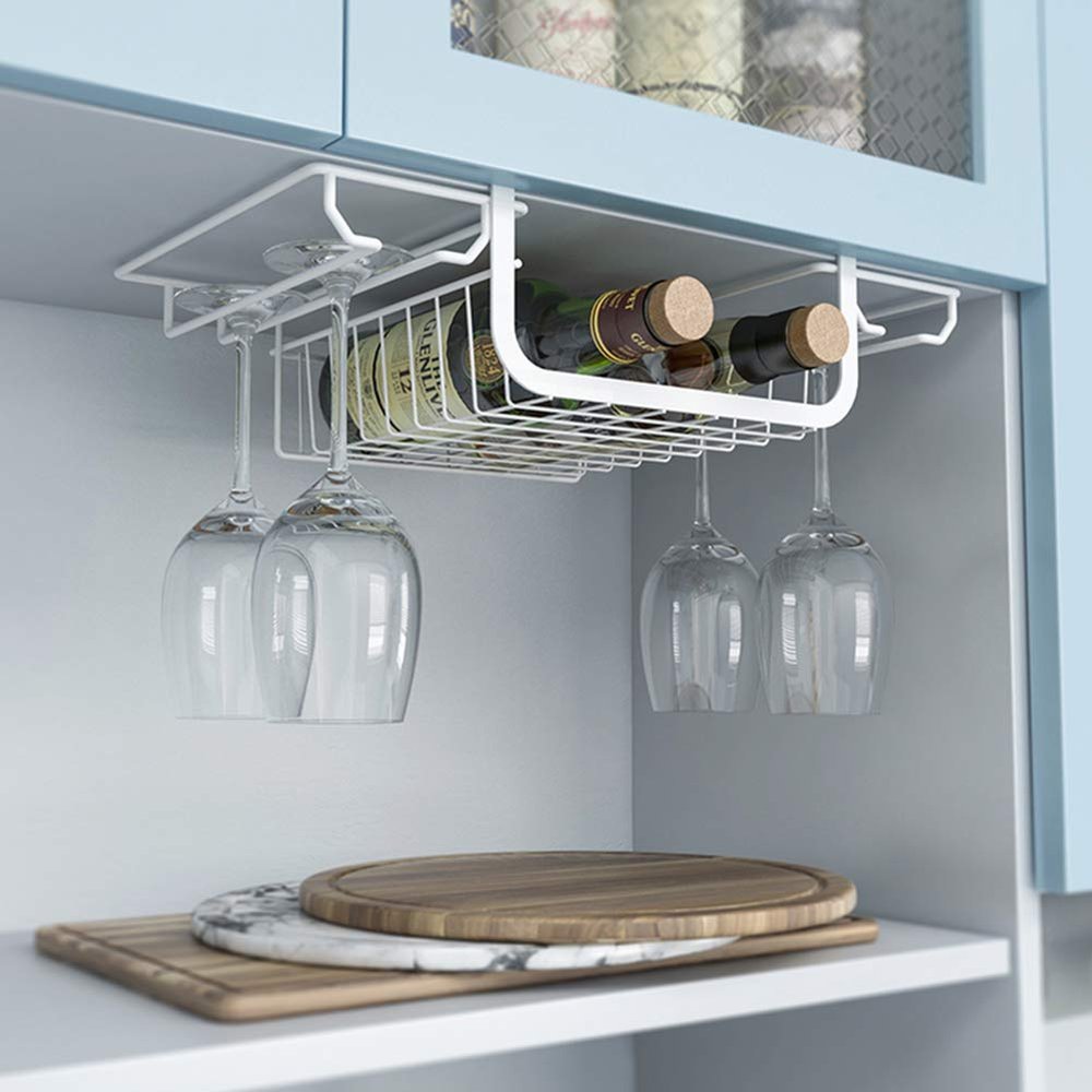 ACXZ Hanging Wine Rack and Wine Glass Holder Under Cabinet, No Drilling, White Iron Stemware Holder, Storage Basket and 2-Side Hanging Rails (37.526.512cm/54.526.516cm)