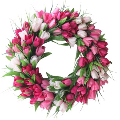  20 Inch Artificial Tulip Wreath Silk Tulip Floral Wreath with Green Leaves Spring Wreath for Front Door Wedding Window Wall Home Decor, Pink,Green,pink,19.7 inch50 cm,210106QY01-9300-1104349561