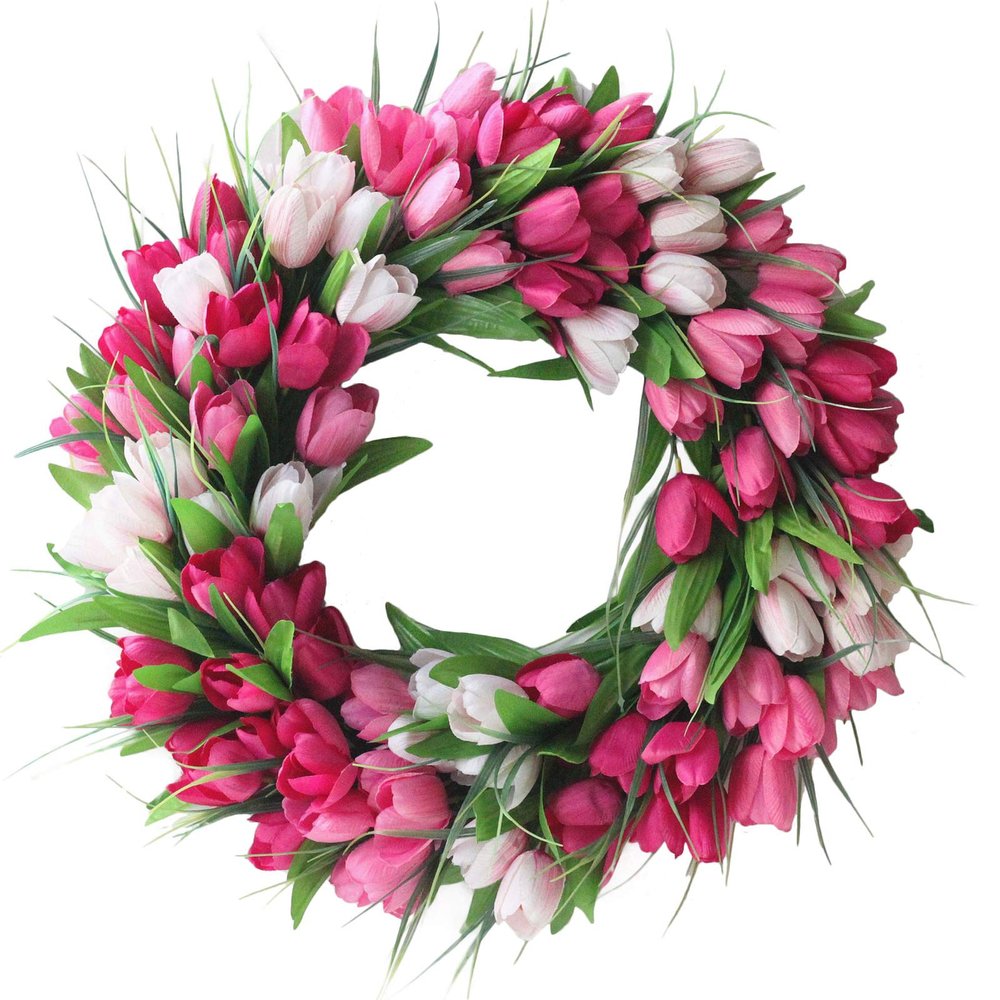  20 Inch Artificial Tulip Wreath Silk Tulip Floral Wreath with Green Leaves Spring Wreath for Front Door Wedding Window Wall Home Decor, Pink,Green,pink,19.7 inch50 cm,210106QY01-9300-1104349561
