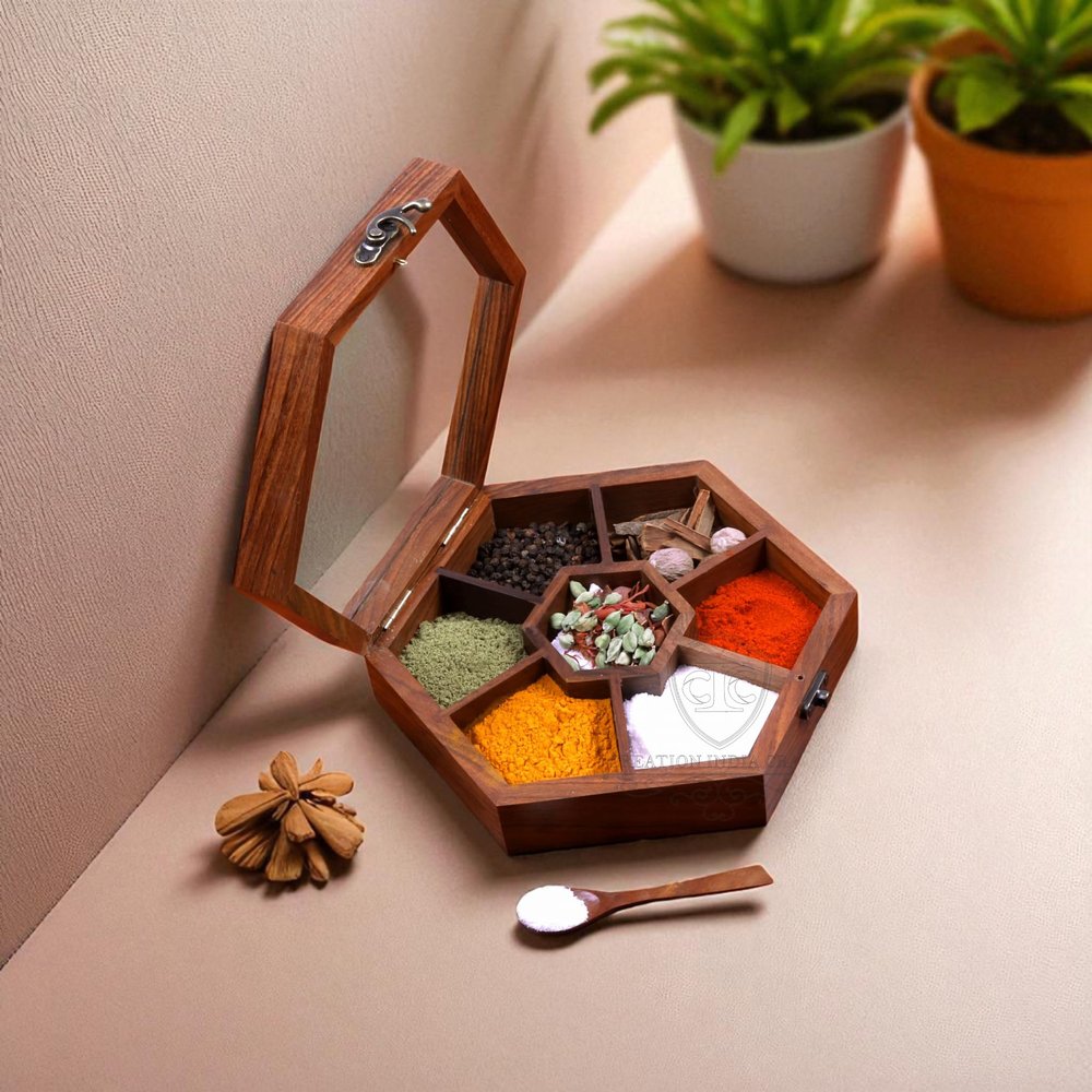 Creation India Craft Wooden Spice Box, Masala Container, Condiments Storage Case for Kitchen, Multipurpose Decorative Box - Indian Rosewood Crafted
