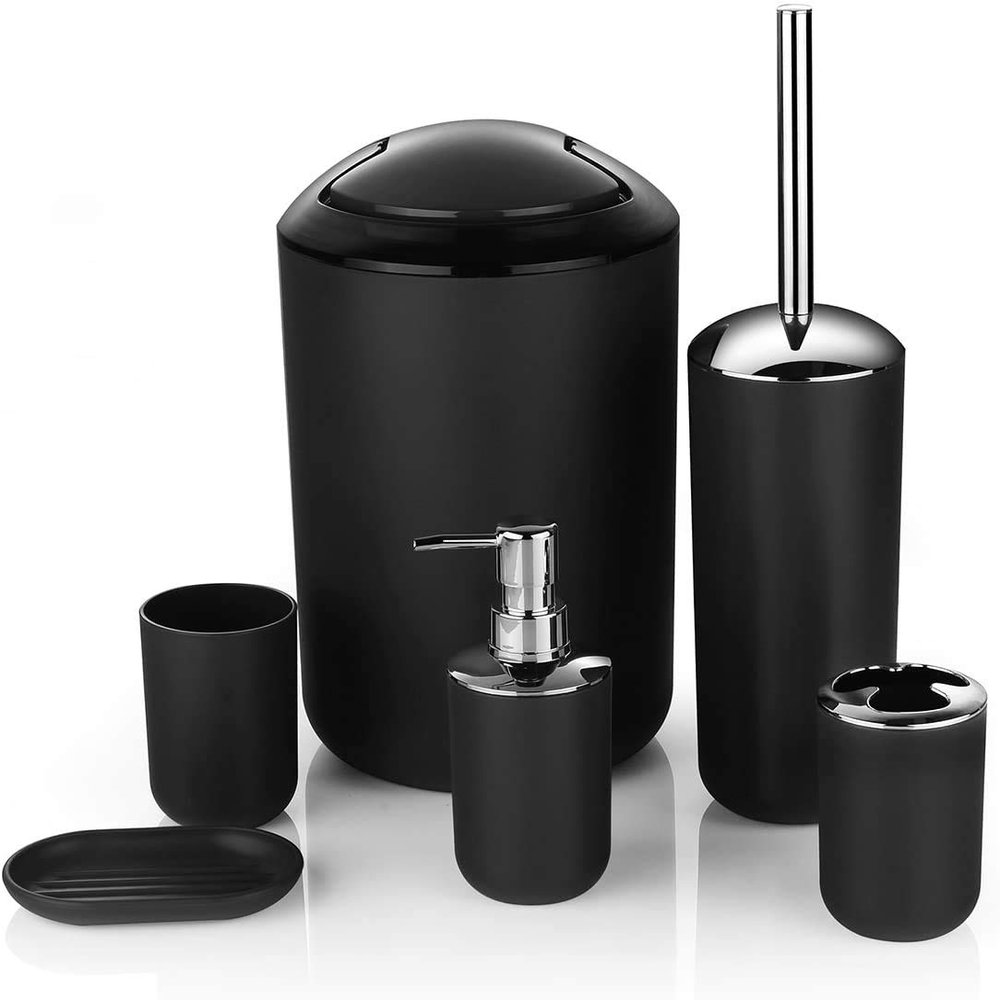 6 Pcs Plastic Bathroom Accessory Set Luxury Bath Accessories Bath Set Lotion Bottles, Toothbrush Holder, Tooth Mug, Soap Dish, Toilet Brush, Trash Can, Rubbish Bin (Black)