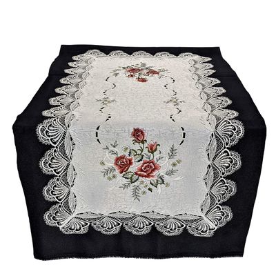 Doily Boutique Table Runner with Pink Burgundy Roses on Antique White Material with Lace Size 45 x 17 inches