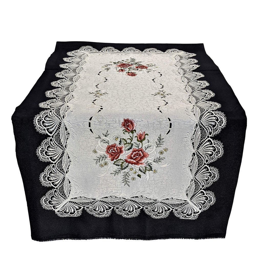 Doily Boutique Table Runner with Pink Burgundy Roses on Antique White Material with Lace Size 45 x 17 inches