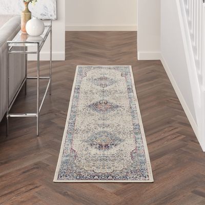 Nourison Home Vintage Kashan Vintage Ivory Blue 2' x 6' Area Rug, Easy Cleaning, Non Shedding, Bed Room, Living Room, Dining Room, Kitchen (2x6)